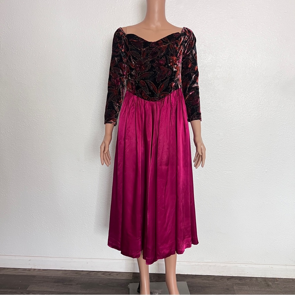 Vintage Velvet Satin Autumn Leaves Dress sz S